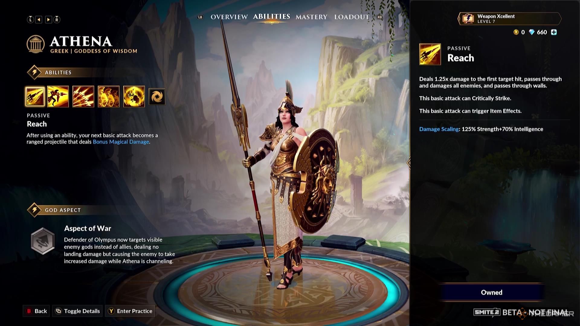 The Reach ability description for Athena in Smite 2.