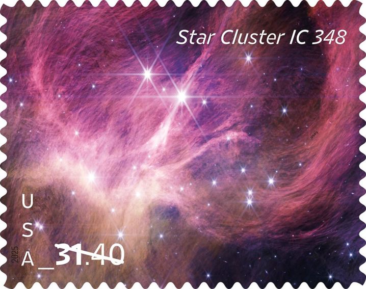 A USPS stamp featuring an image taken by the James Webb Space Telescope.