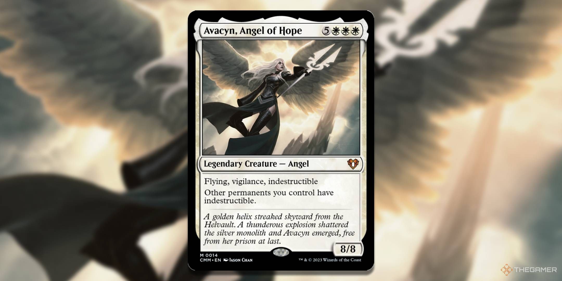 MTG Avacyn, Angel of Hope card with the art in the background.
