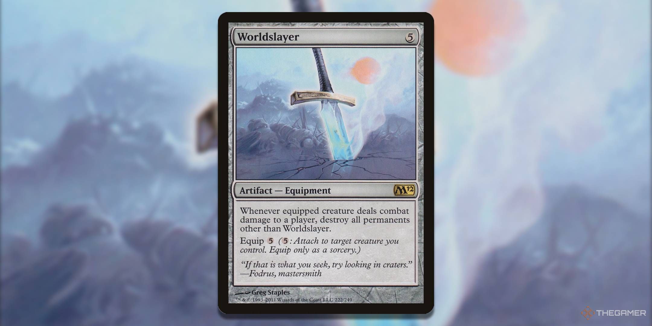 MTG Worldslayer card with the art in the background.