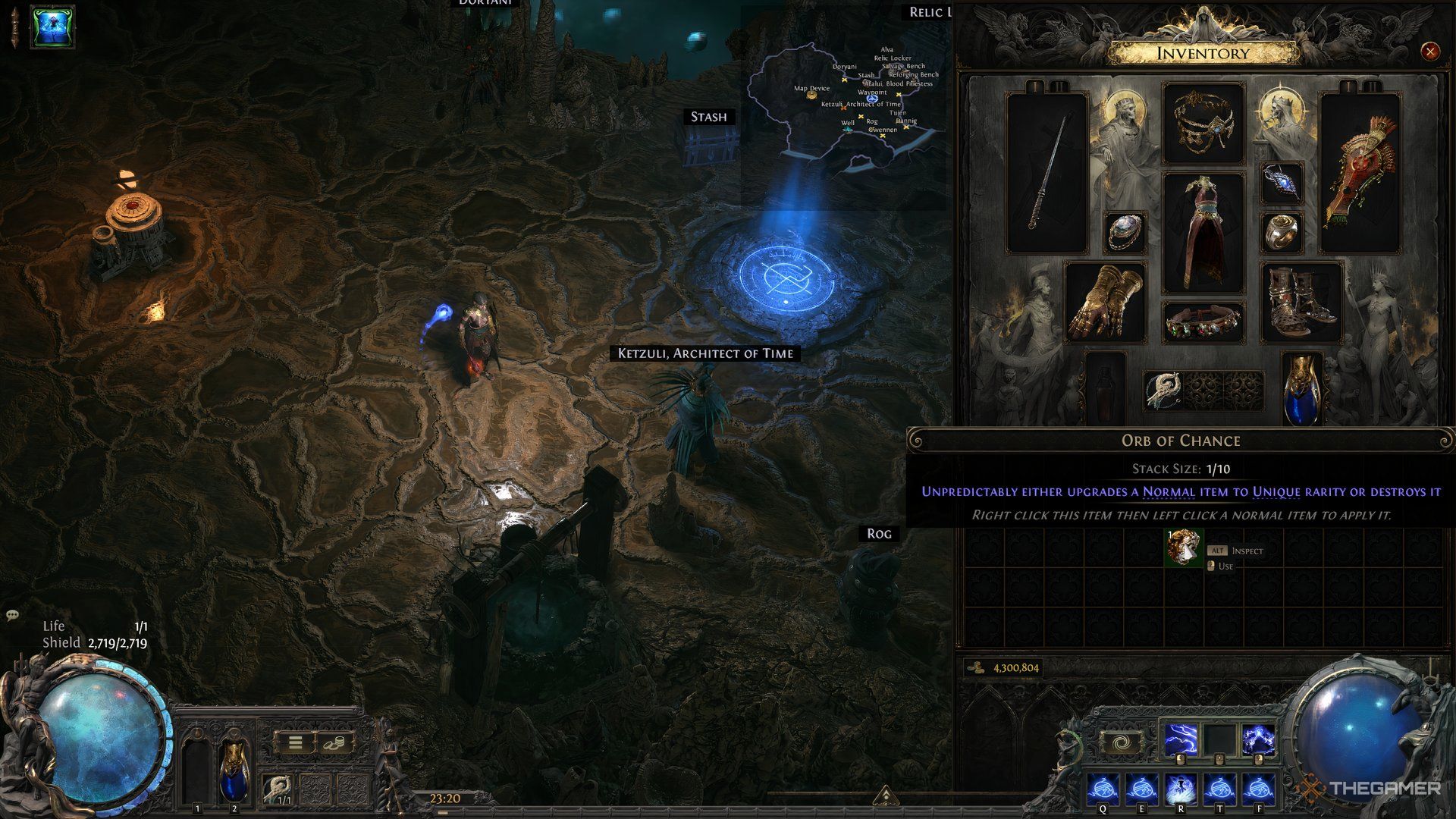 Player examining an Orb of Chance which can create Unique Items, except for boss-exclusive ones like Ingenuity Utility Belt.