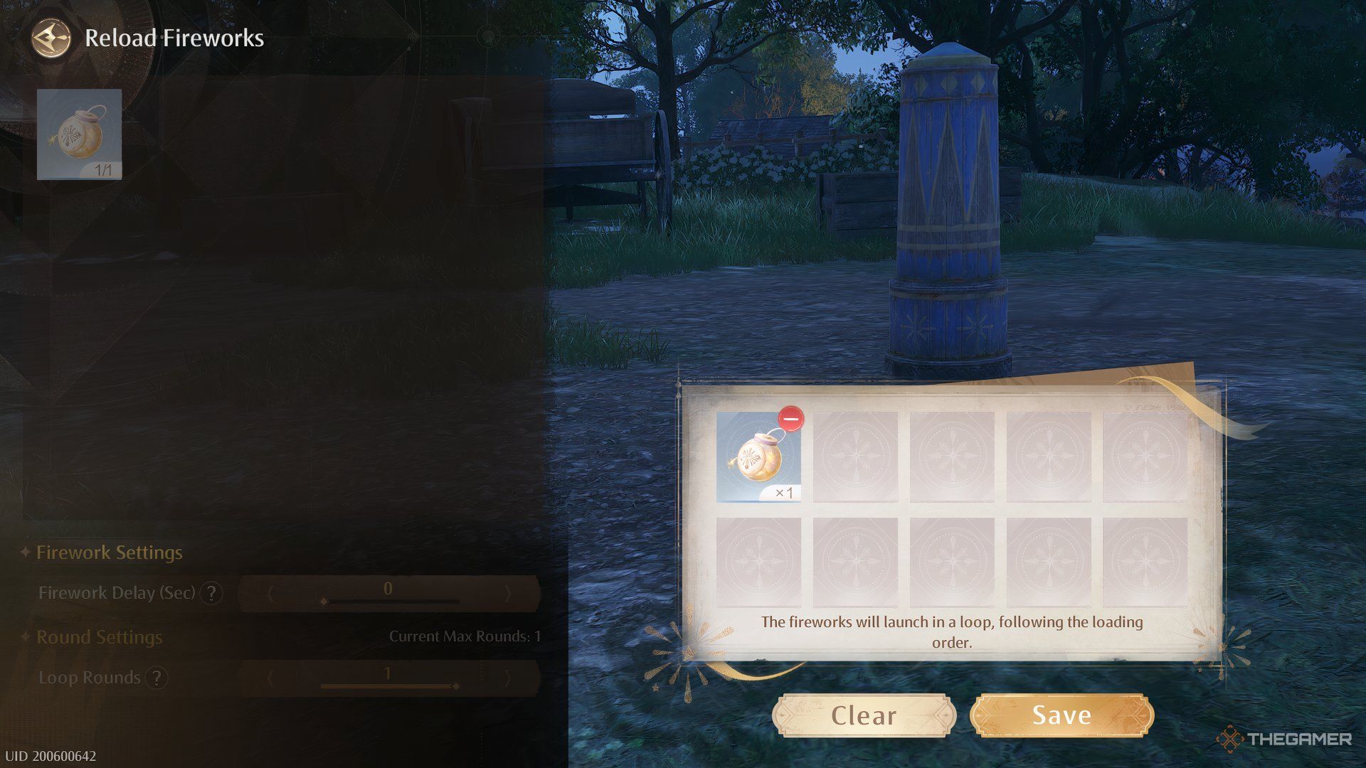 The reloading menu in a fireworks launcher is displayed.