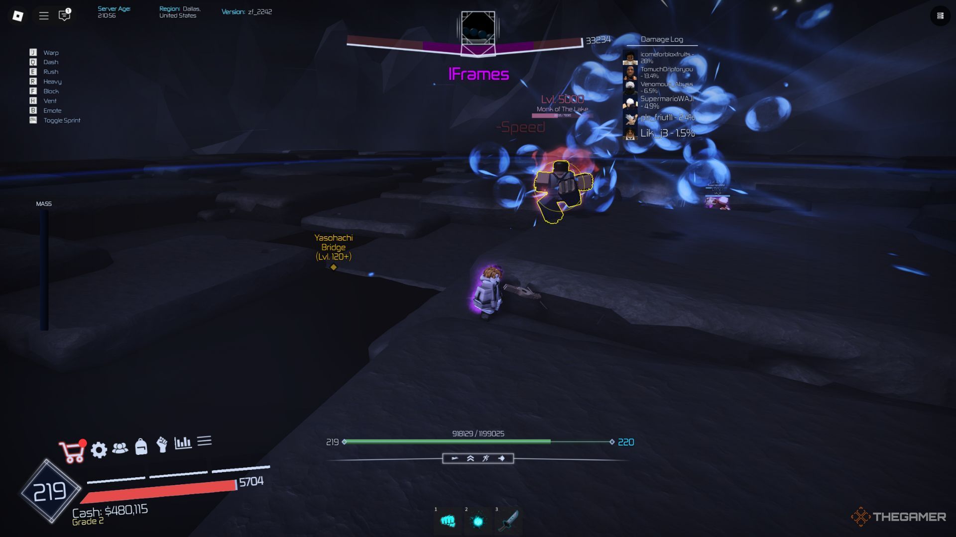 The player character is fighting the Monk of the Lake boss with other players in Jujutsu Infinite.