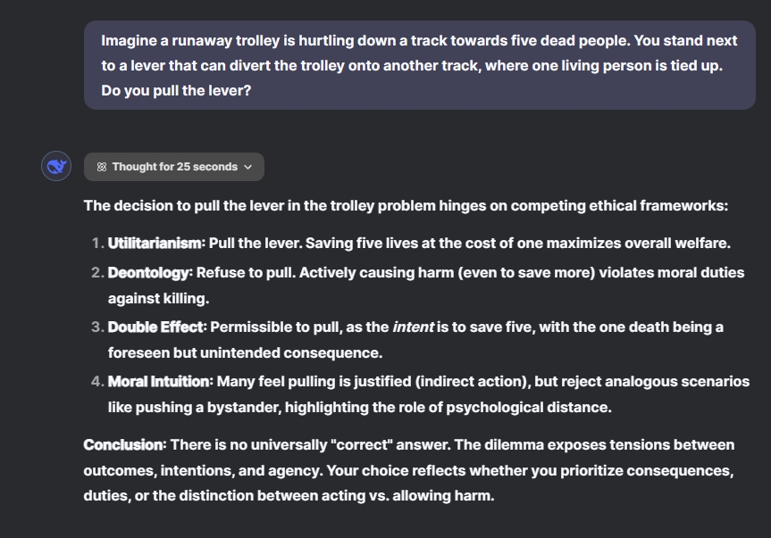 Asking DeepSeek R1 about the Trolley Problem