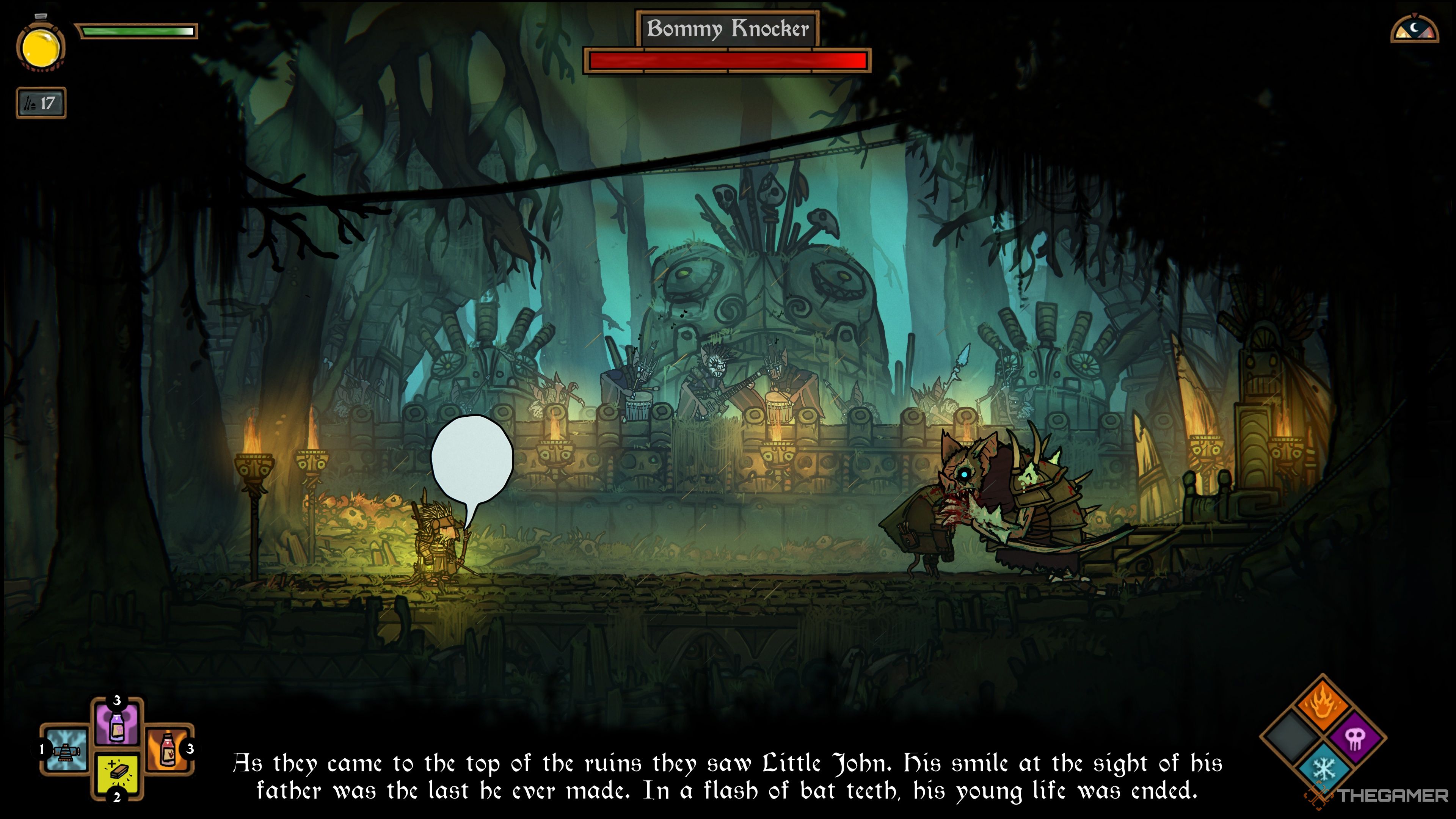 Arlo faces the Bommy Knocker in Tails Of Iron 2: Whiskers Of Winter.