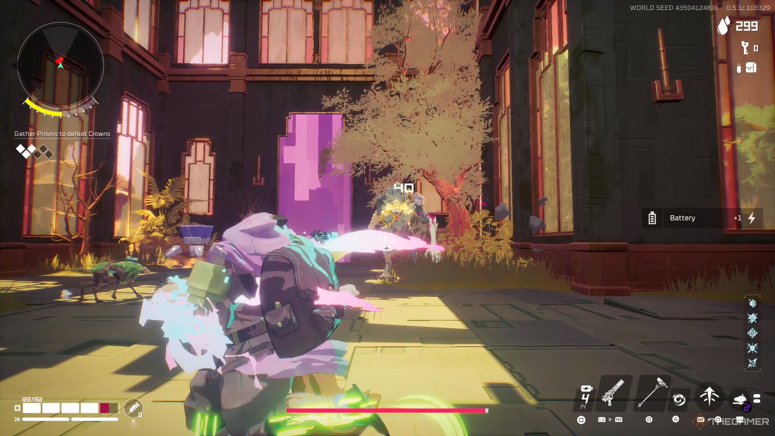 A breaker attacking Dro, Crown of Tears in Hyper Light Breaker.