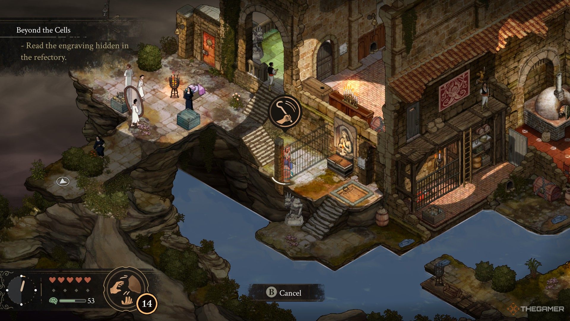 Eduardo uses a crowbar to reach the cellar door in River Bank area in The Stone Of Madness.