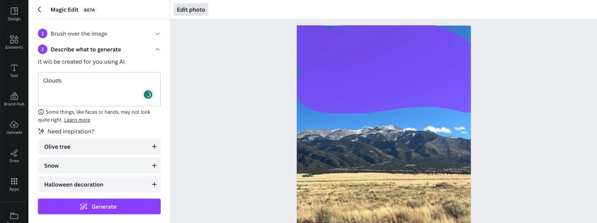 Canva Sticker Magic Edit adding clouds above mountains