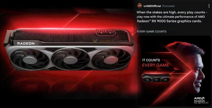 An advertisement for the AMD RX 9070 XT.