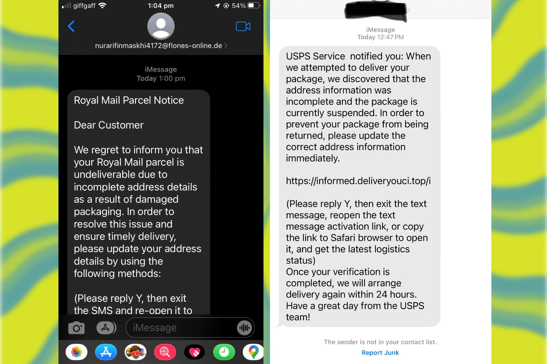 Example of a phishing text sent via iMessage.