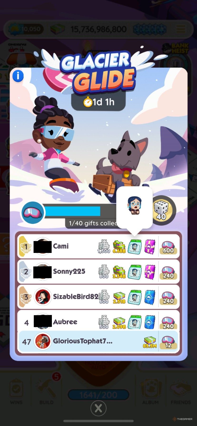 A leaderboard showing the Glacier Glide reward of a new emoji of a girl with blue glasses shivering.