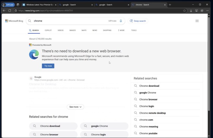 Screenshot of Microsoft Edge concealing a Google link.