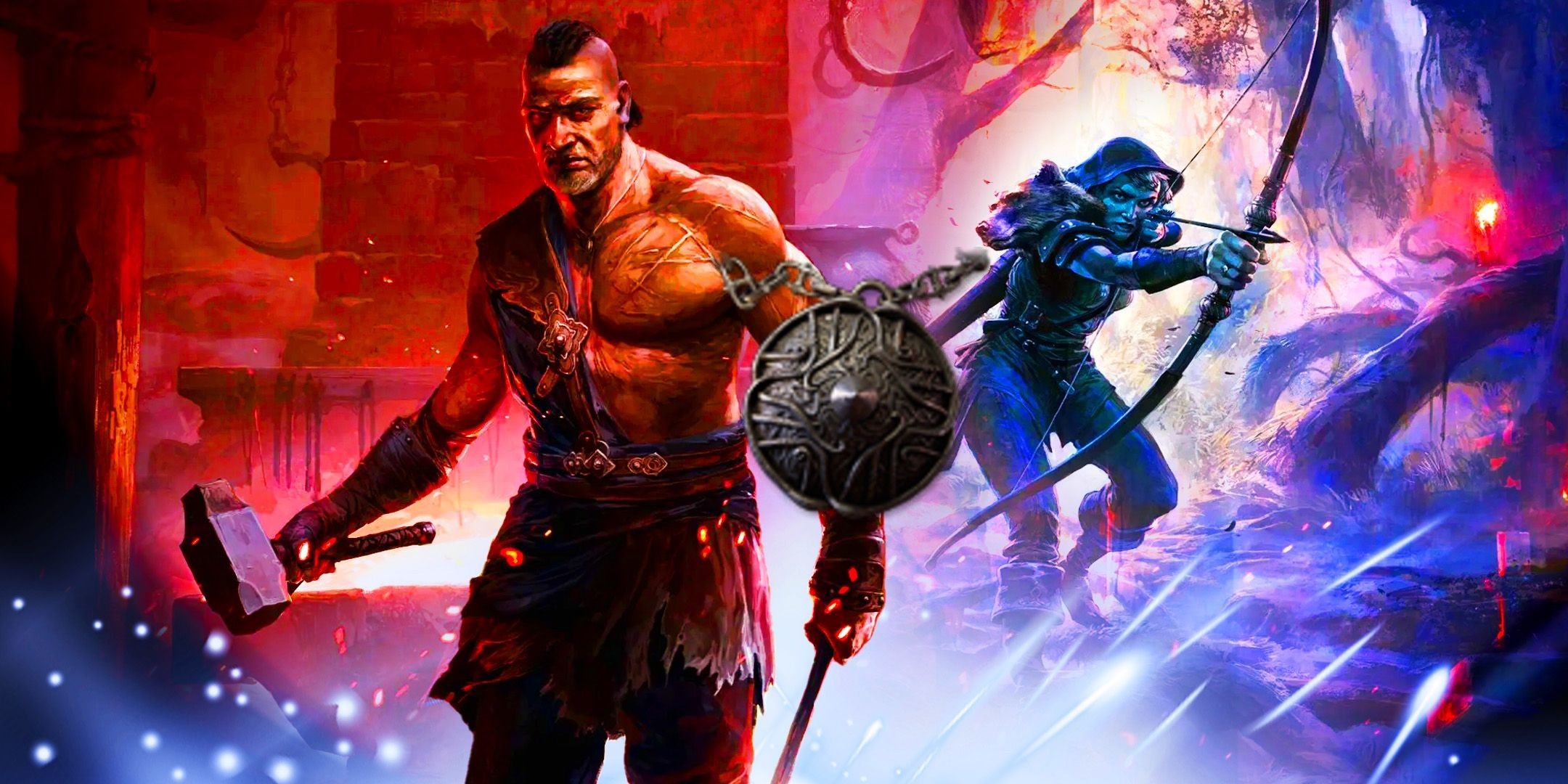 Characters from Path of Exile 2 featuring the Astramentis unique amulet.