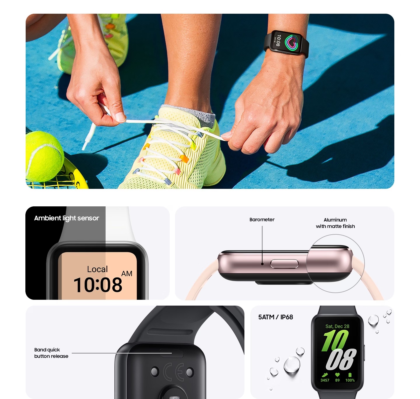 Graphic showcasing various design elements of the Samsung Galaxy Fit 3.
