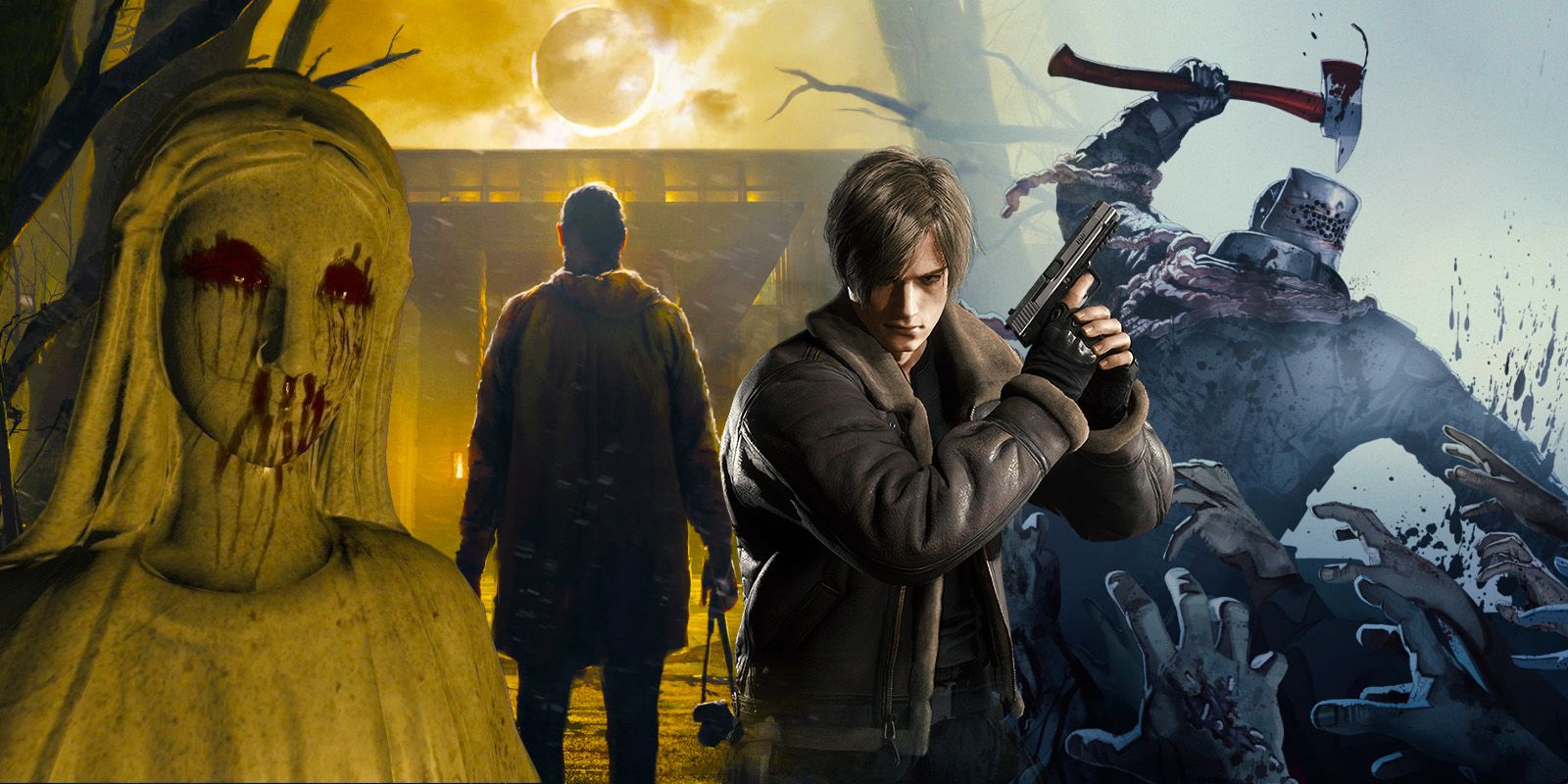 Art from games like The Exorcist: Legion, Resident Evil 4 VR, and The Walking Dead: Saints & Sinners.