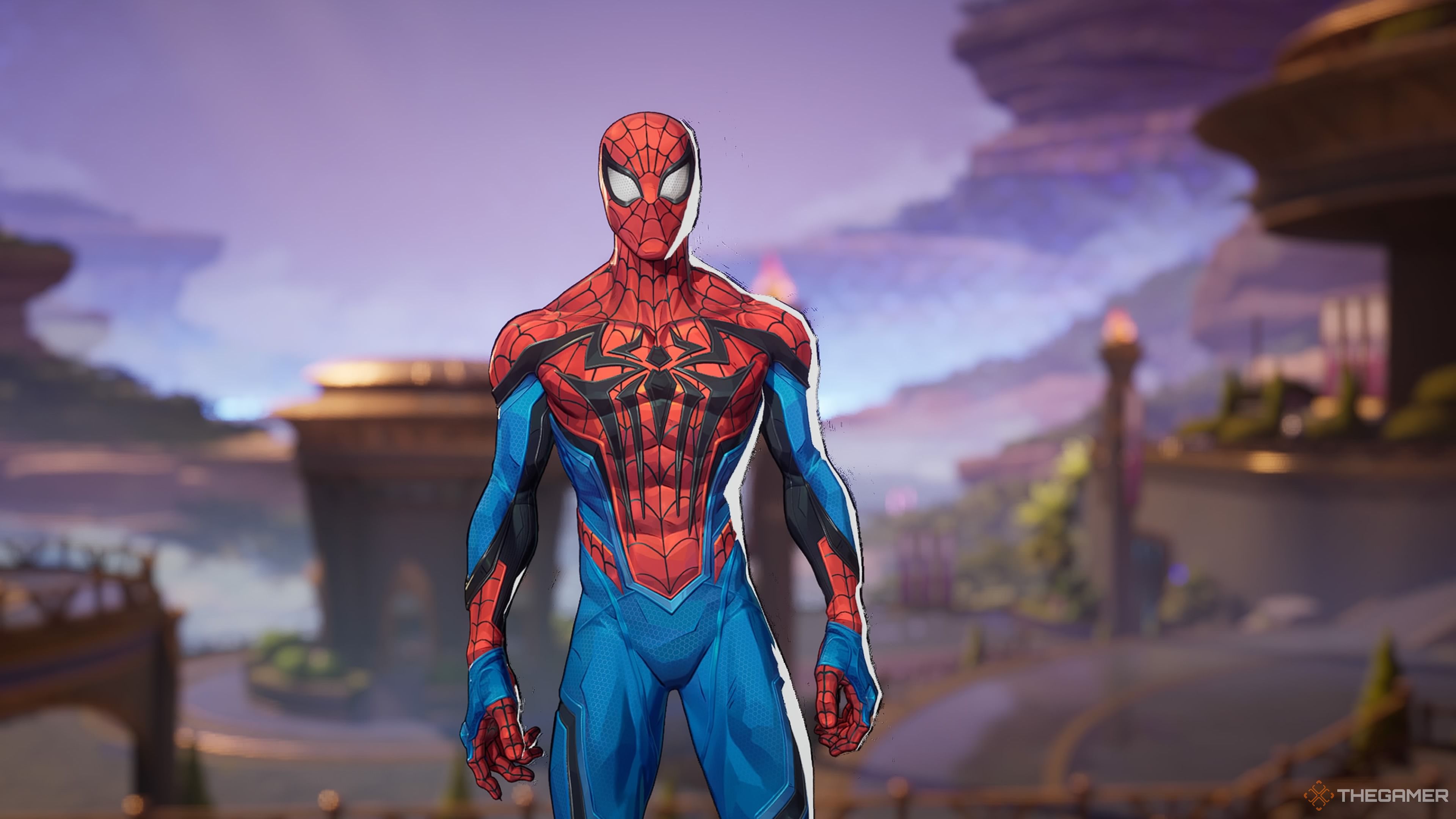 Spider-Man standing in Marvel Rivals, facing the camera in a comic book style environment.