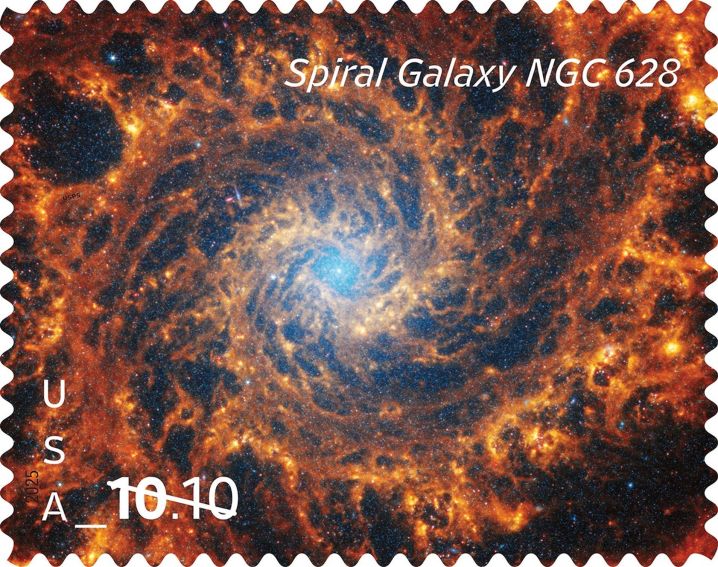 A USPS stamp featuring an image captured by the James Webb Space Telescope.