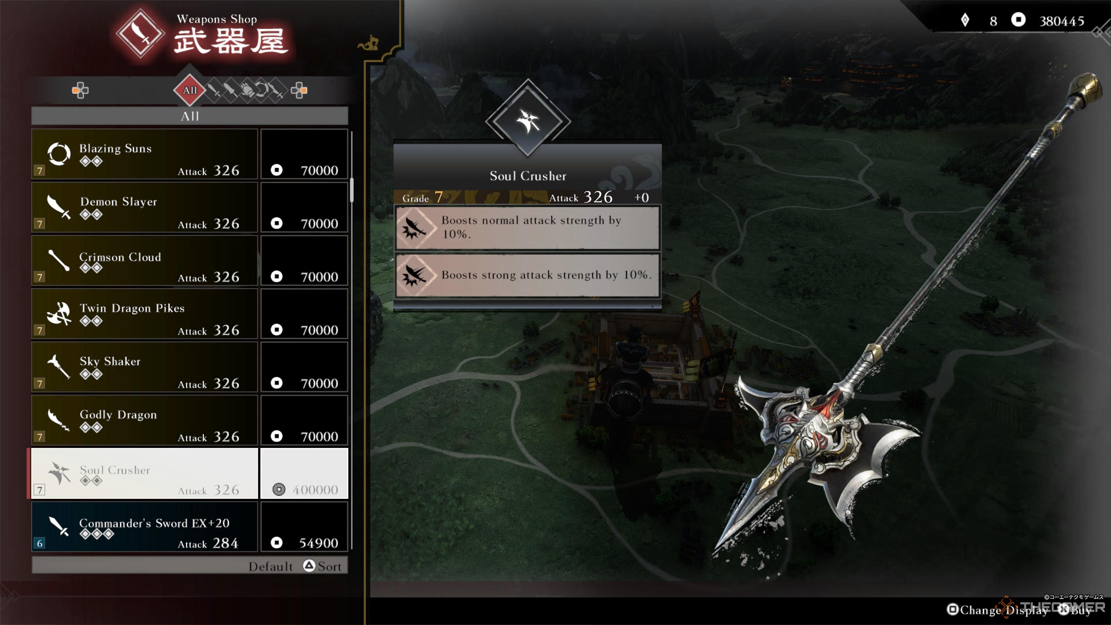 The Soul Crusher halberd available for purchase in Dynasty Warriors: Origins.