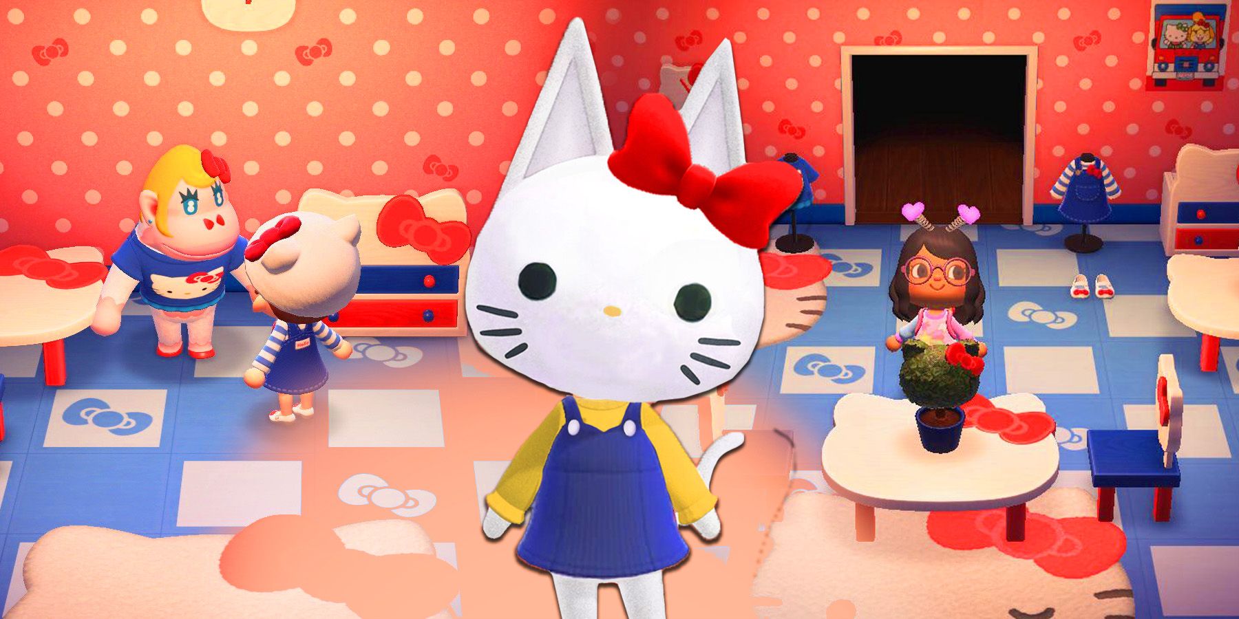 A Hello Kitty Animal Crossing character in front of a couple indoor spaces decorated with Hello Kitty-themed items.