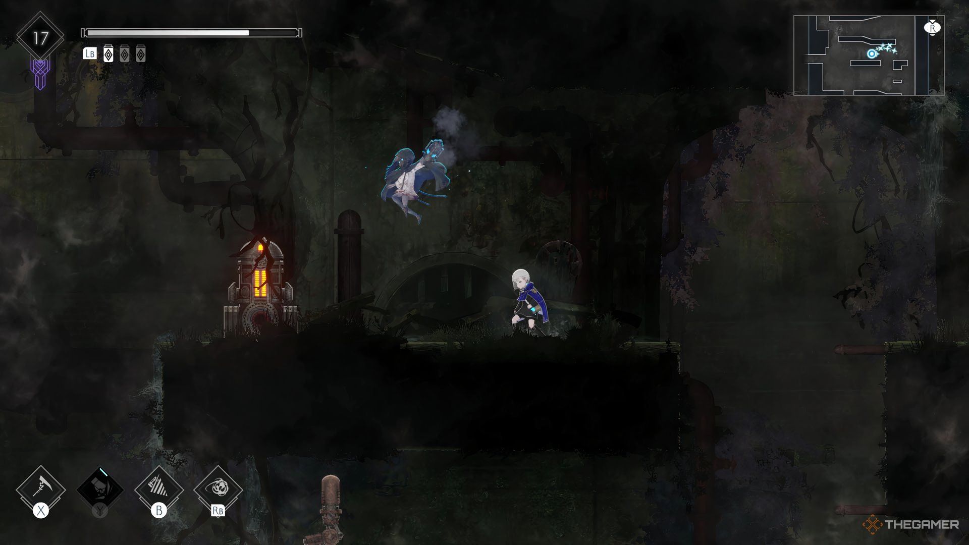 Lito attacking a rat spawning machine in Ender Magnolia.