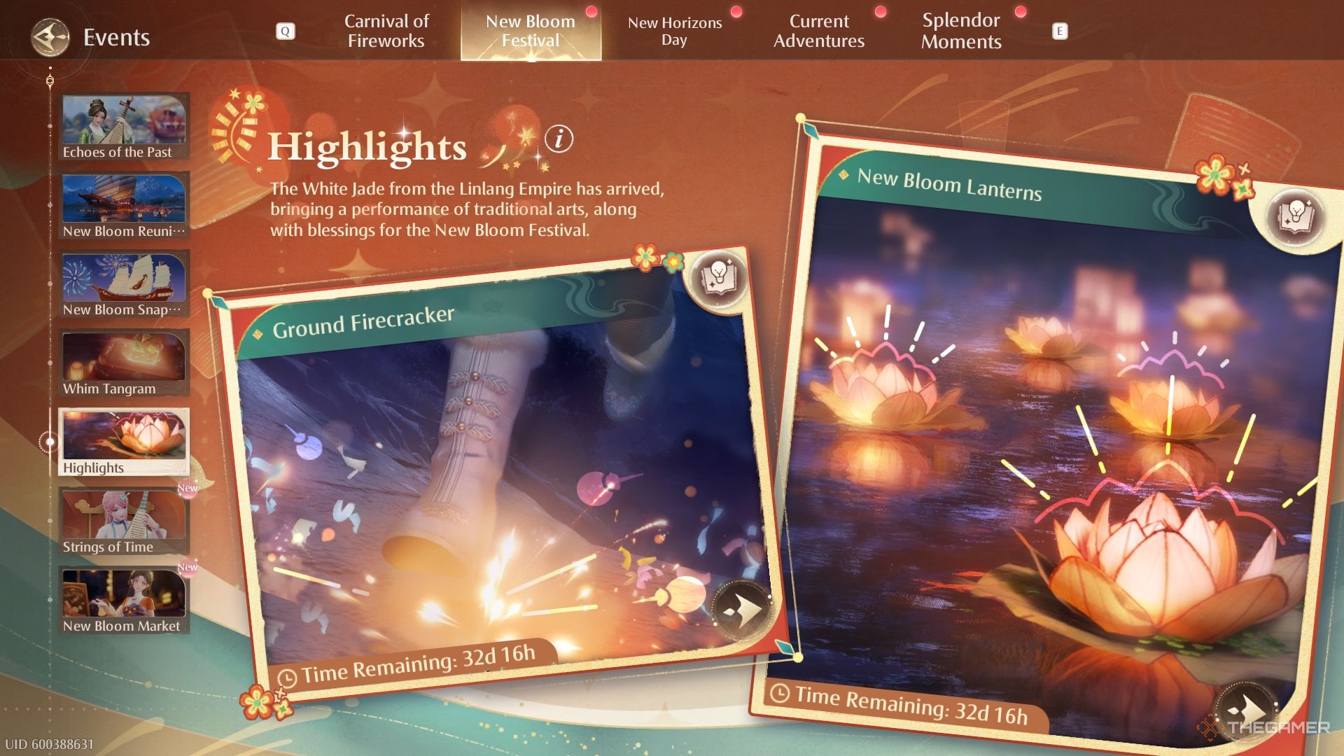 Highlights menu for the New Bloom Festival, including firecrackers and lanterns.