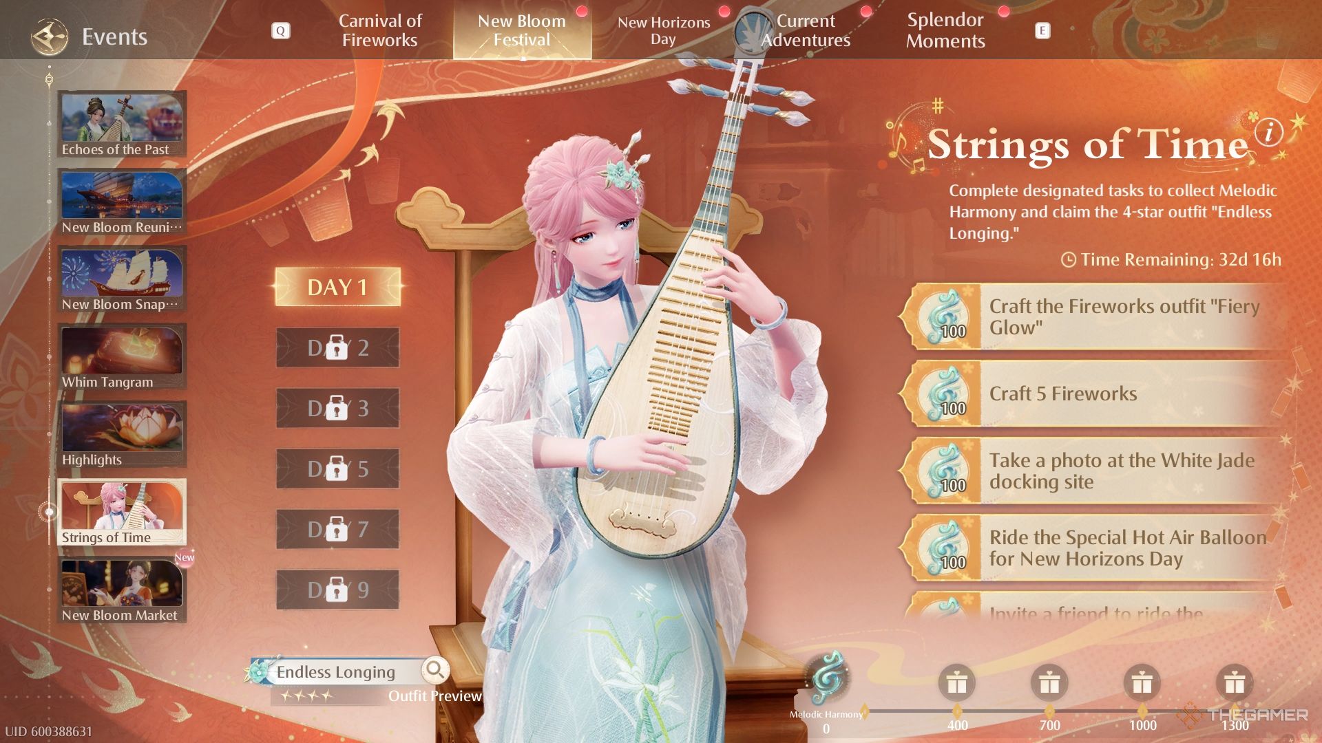 Strings of Time menu showing Nikki dressed in blue playing a pipa.