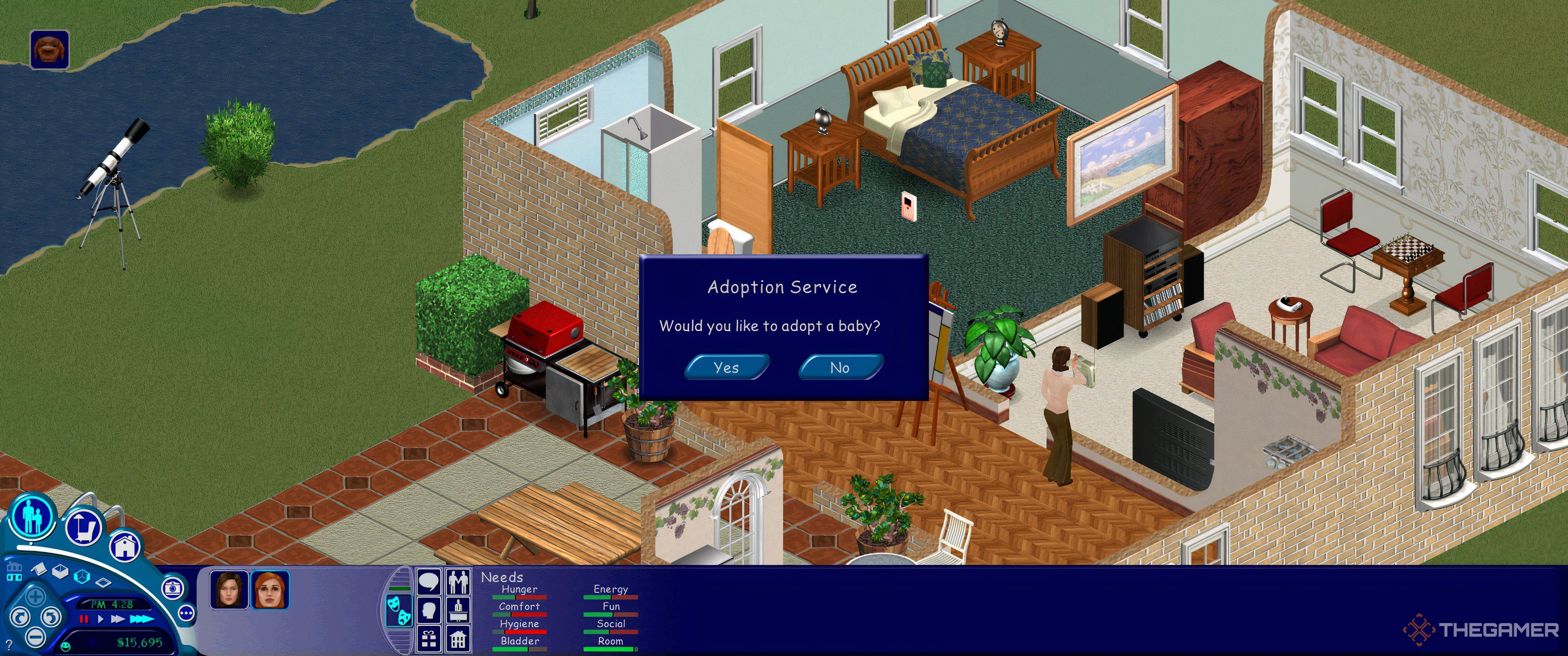 Two female Sims about to adopt a baby in The Sims 1.