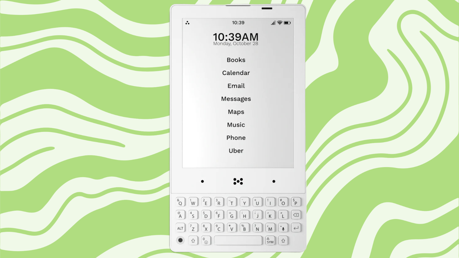 The Minimal Phone with its all-white design featuring a QWERTY keyboard.