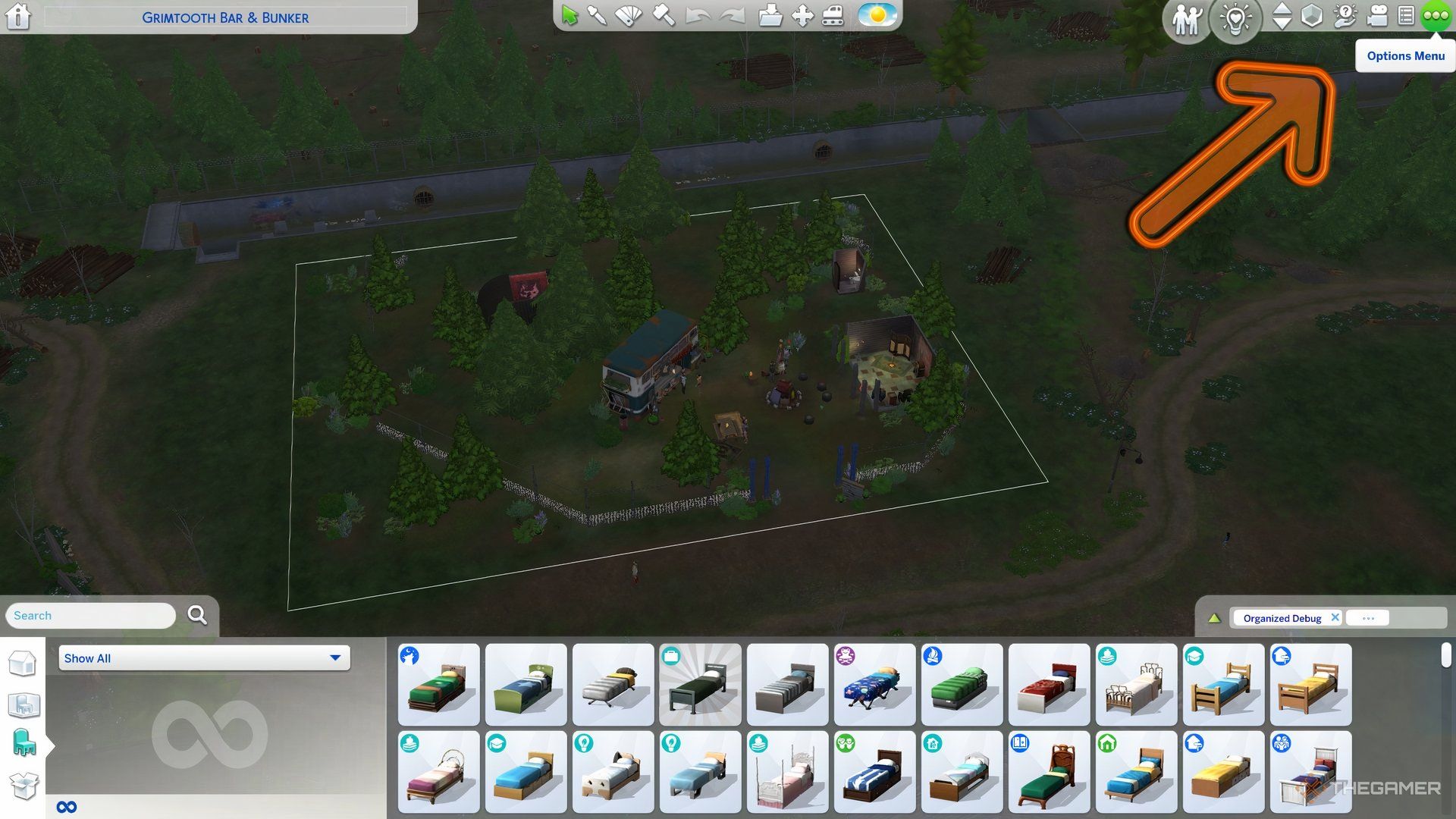A scene from The Sims 4 with an orange arrow showing the Options Menu.