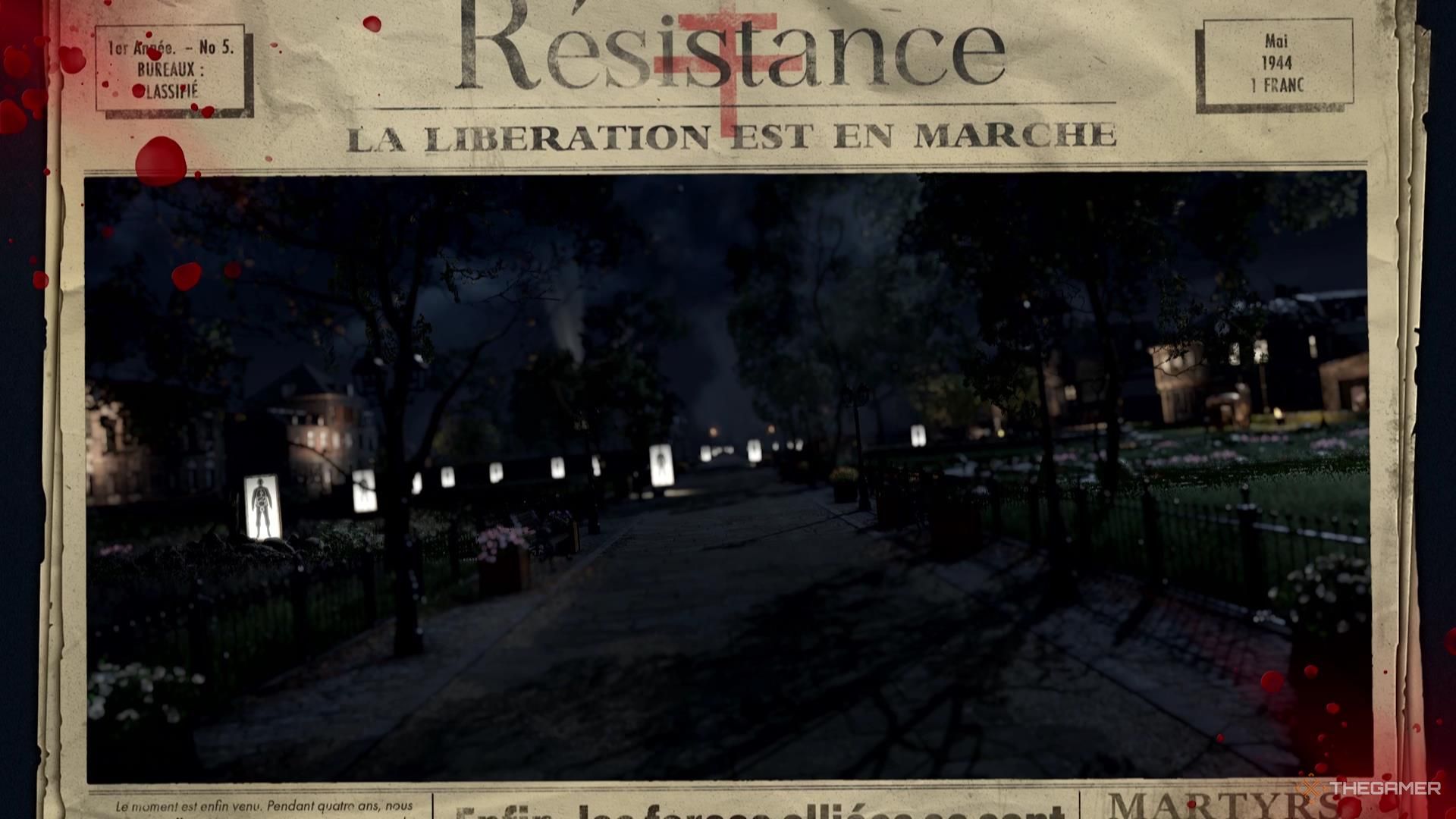 The finished photograph resembles a blood-splattered newspaper, in Sniper Elite Resistance.