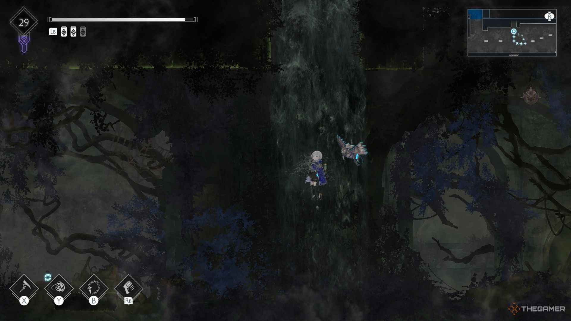 Lilac swimming up a waterfall in Ender Magnolia: Bloom In The Mist.