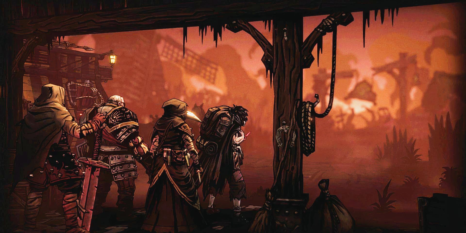 The four heroes looking at the Foetor in Darkest Dungeon 2