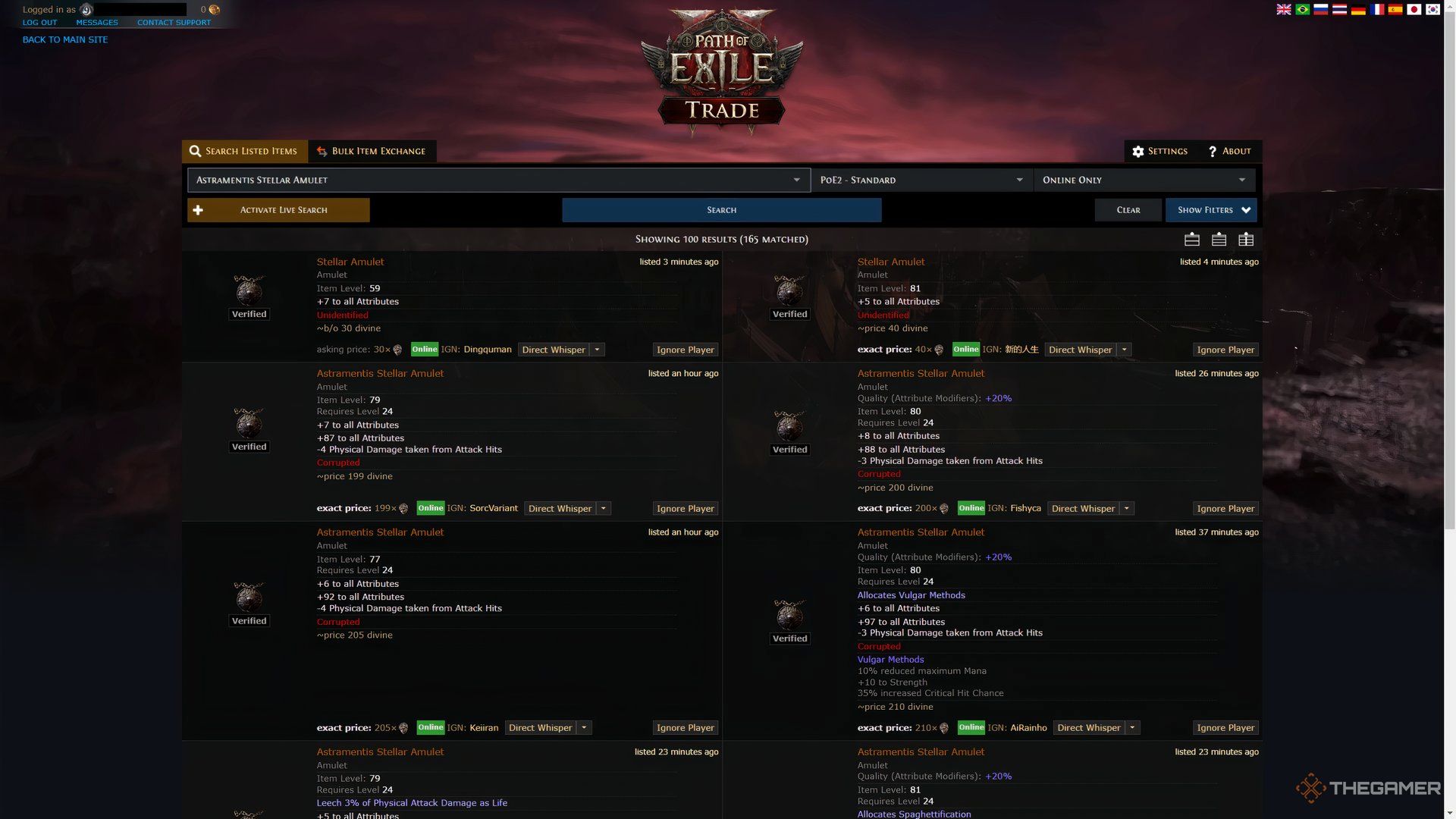 Player buying Astramentis using the official Trade Website to use in Path of Exile 2.