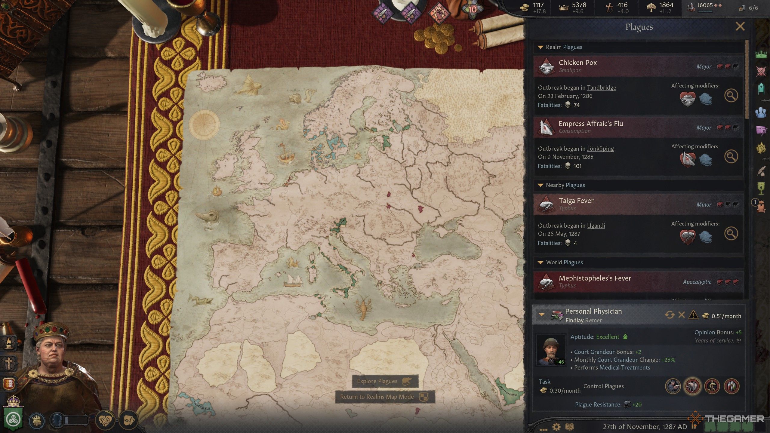 A wide view of the map in Crusader Kings highlighting some plagues and the plague menu to the right.