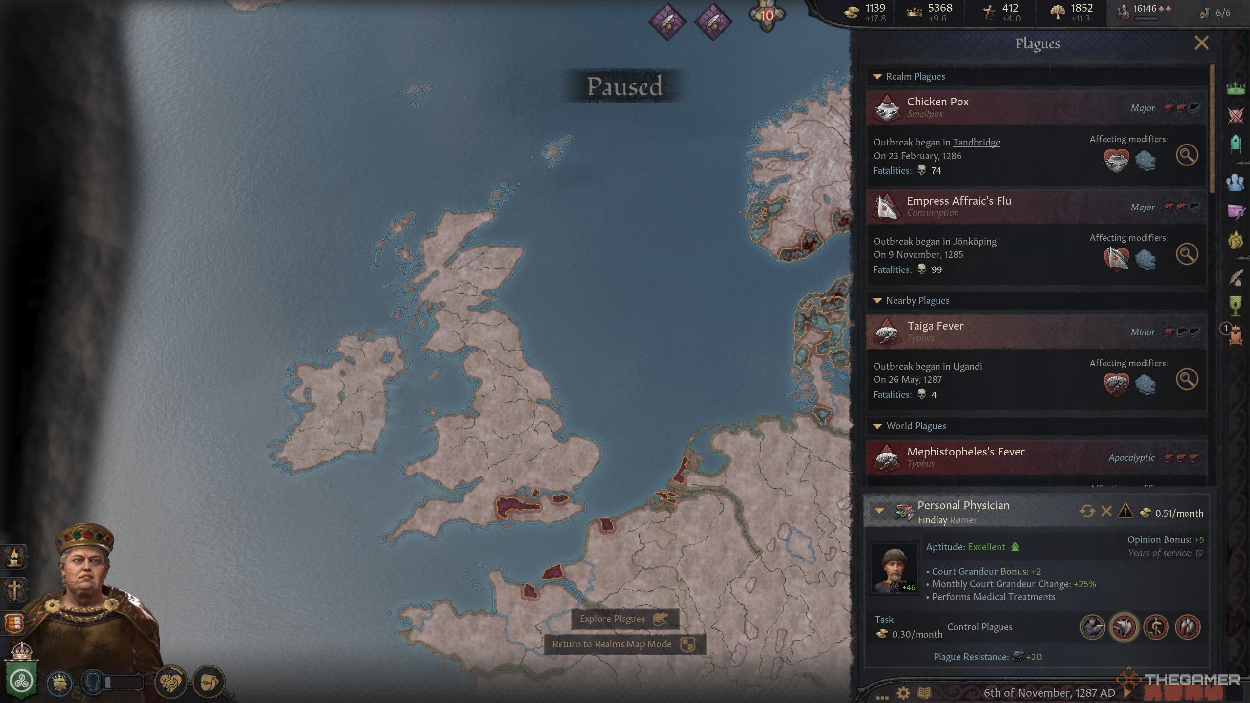The plague menu open over the Celtic Isles in Crusader Kings 3 showing some plagues spreading.
