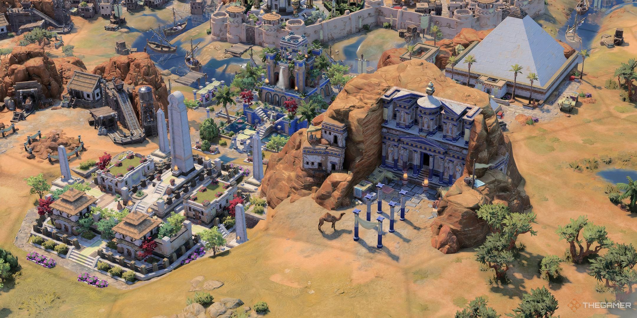 Camera showing three antiquity age wonders in Civilization 7