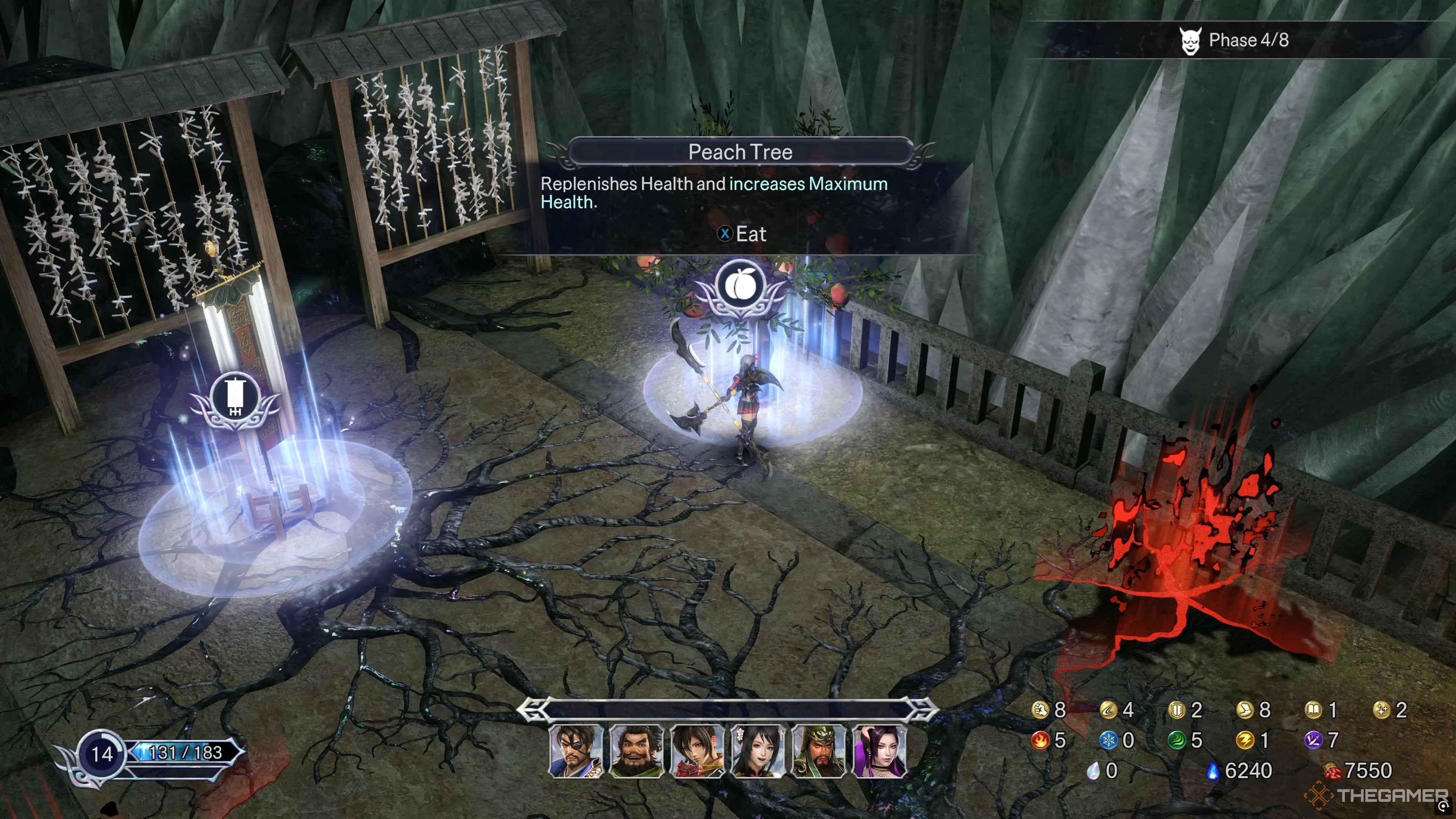 Interacting with a Peach Tree to regain health in Warriors: Abyss.