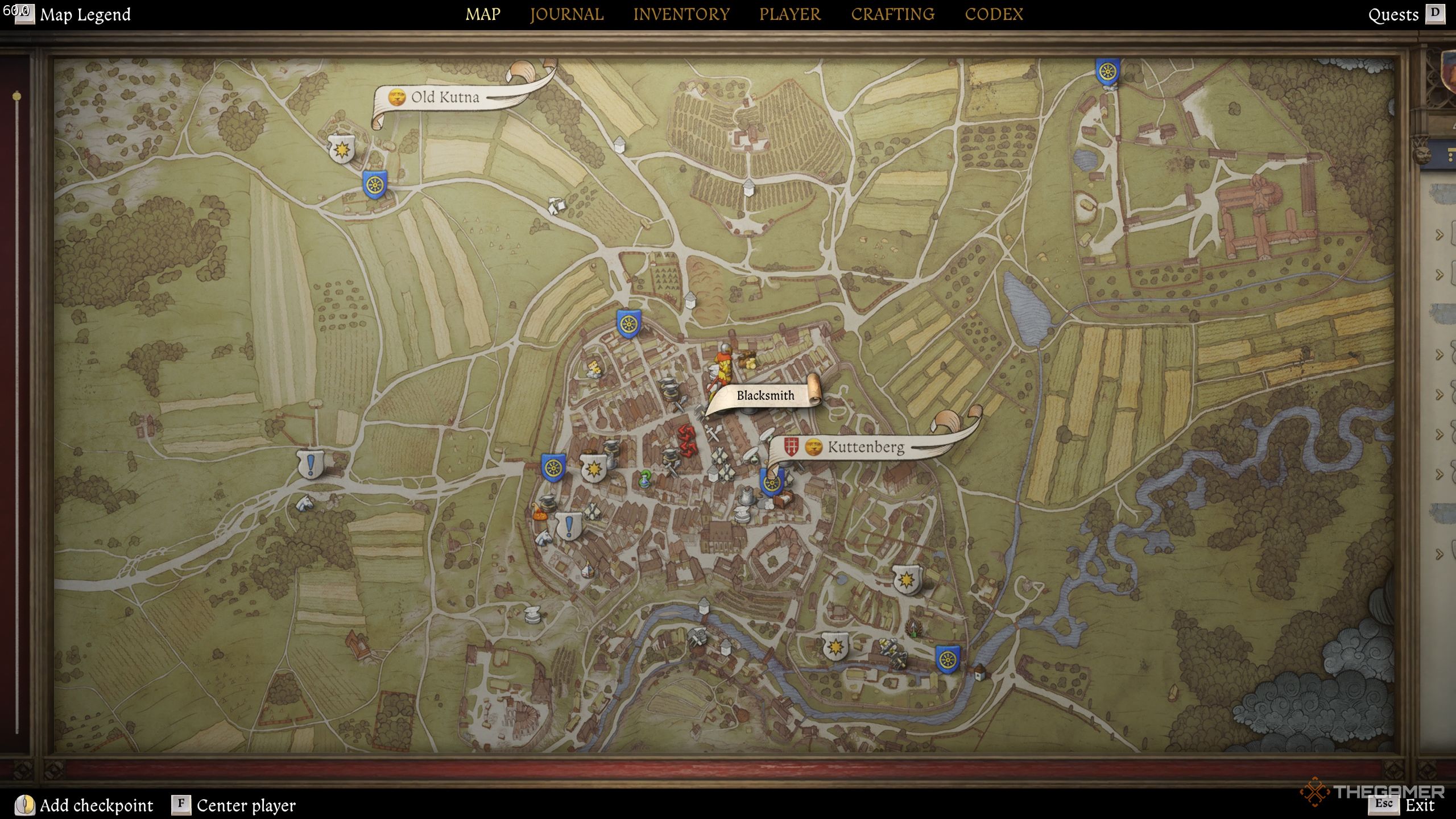 A gameplay screenshot showing a blacksmith location on the map in Kingdom Come: Deliverance 2.