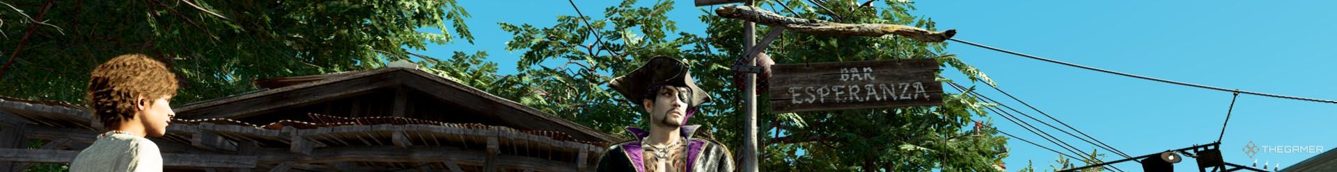 A banner of Majima on Rich Island in Like a Dragon: Pirate Yakuza in Hawaii.
