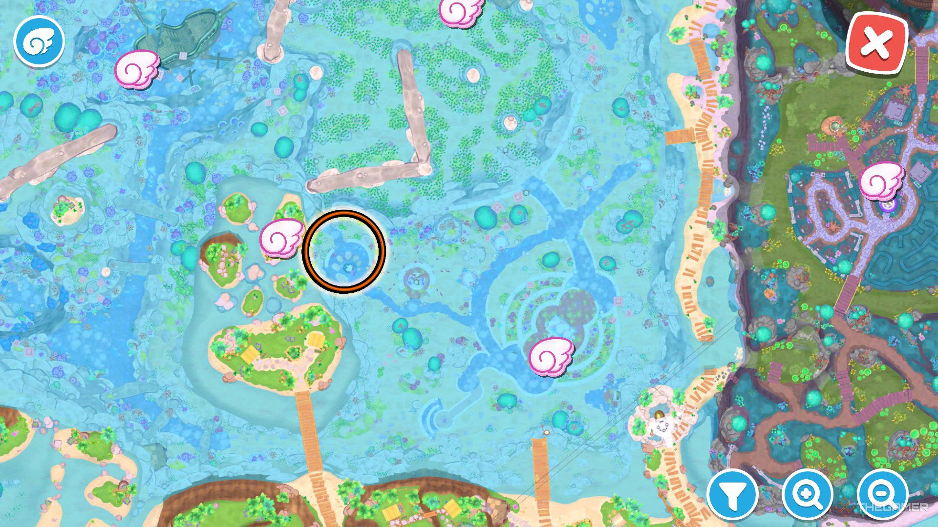 An orange circle indicates the location of the Lofty Logistics puzzle room in Hello Kitty Island Adventure
