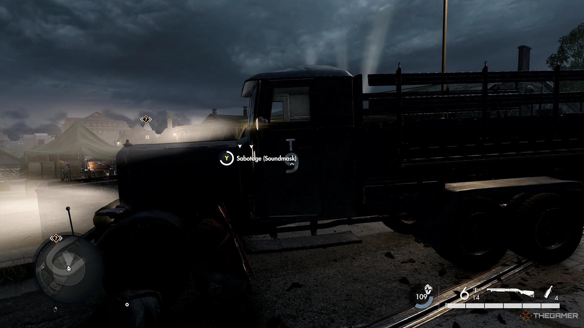 Harry sabotages an enemy vehicle's engine in Sniper Elite Resistance.