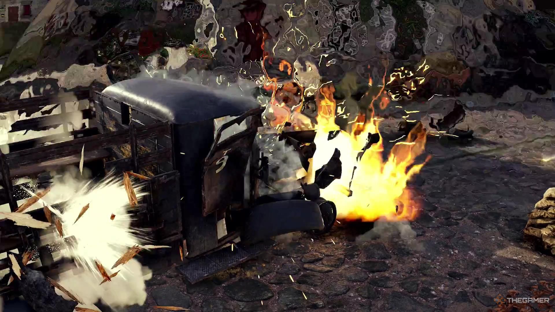 An explosion destroys a vehicle full of Nazis in Sniper Elite Resistance.