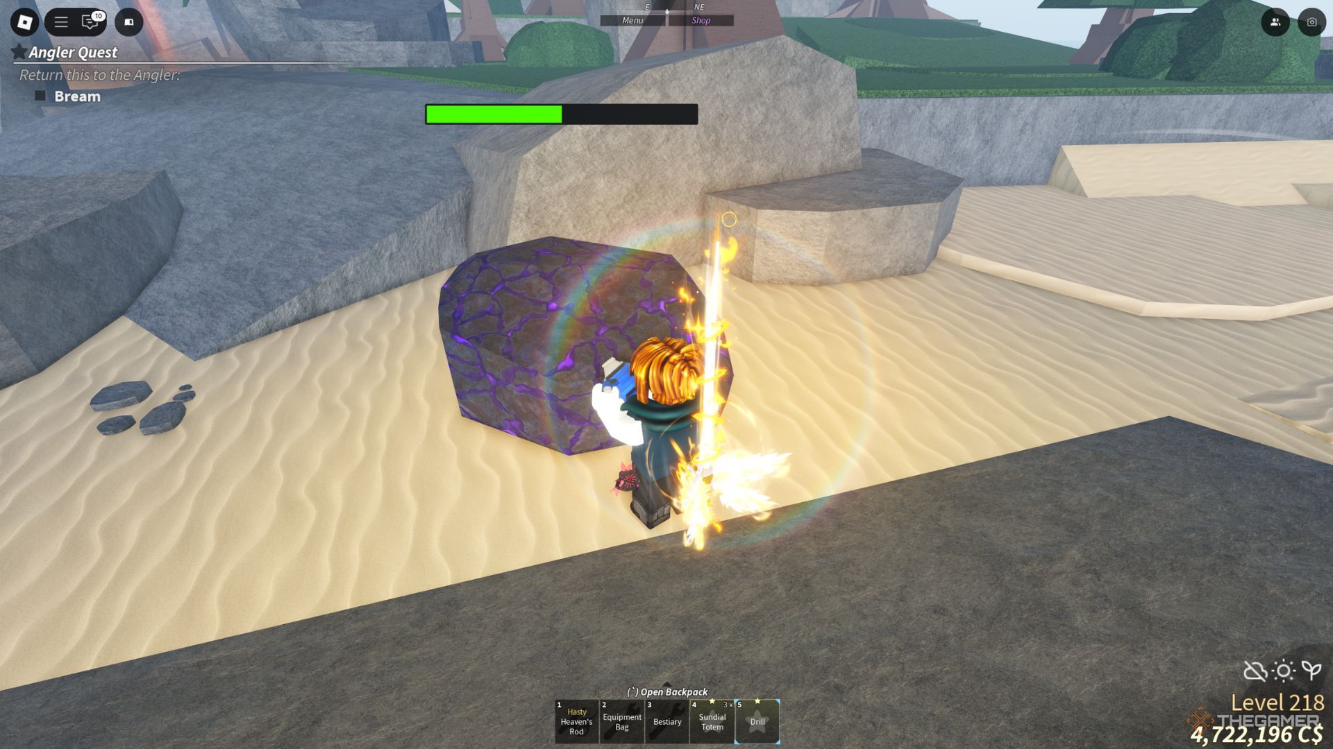 The player character demonstrates using a Drill on a rock with cracks in Roslit Bay in Fisch.