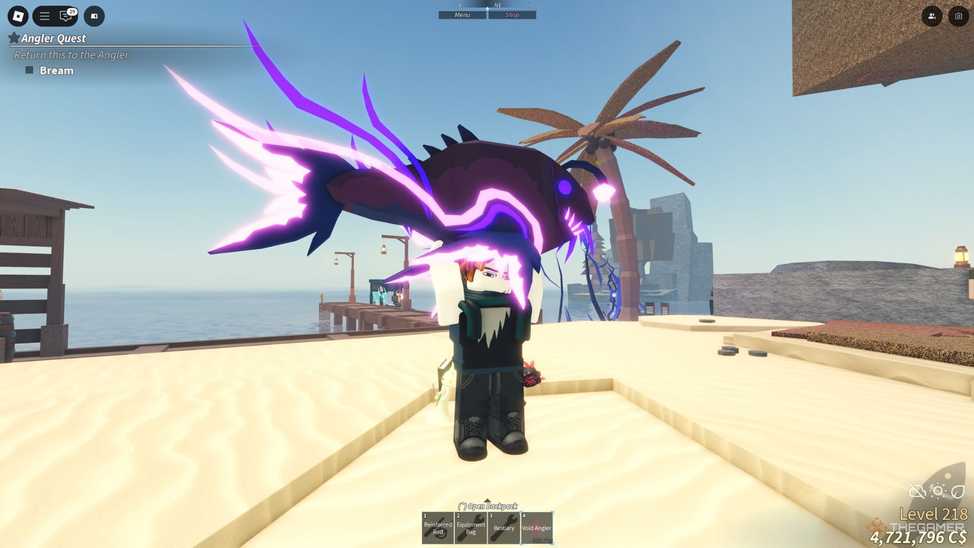 A player character holding Void Anger in the Moosewood area of Fisch.