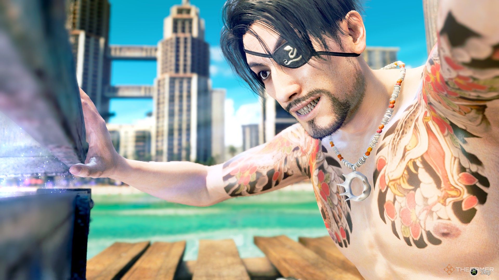 Majima opens the treasure chest containing the Grayson's Weapons in Like a Dragon: Pirate Yakuza in Hawaii.