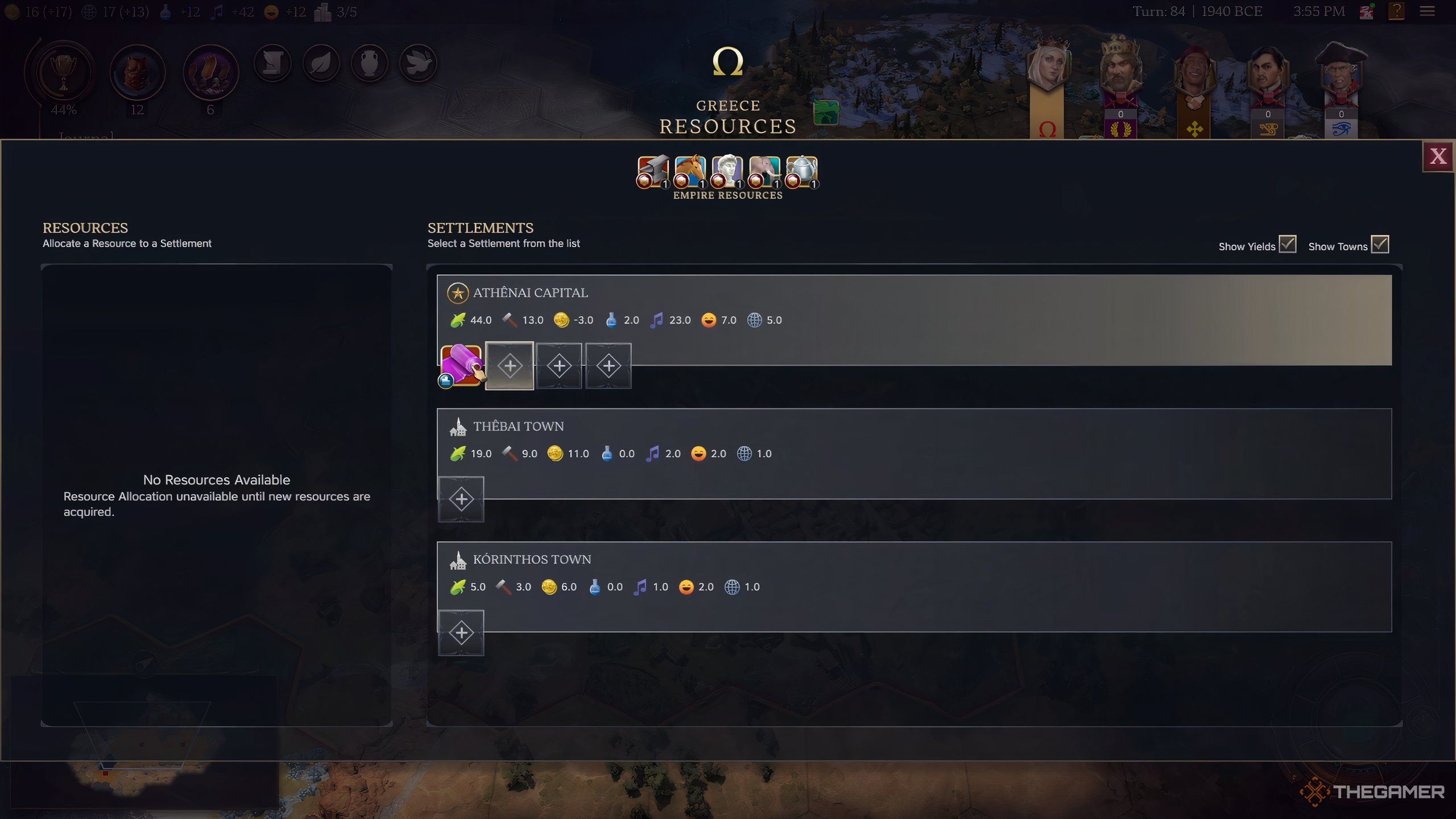 Screen showing your available resources in Civilization 7.