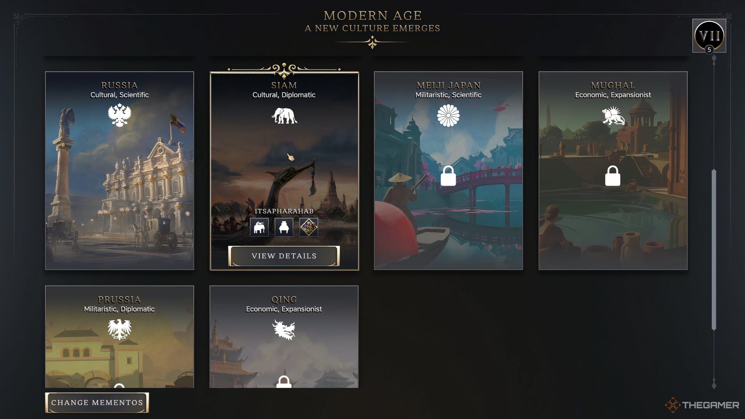 The civilization selection screen in Civ 7 for the Modern Age.