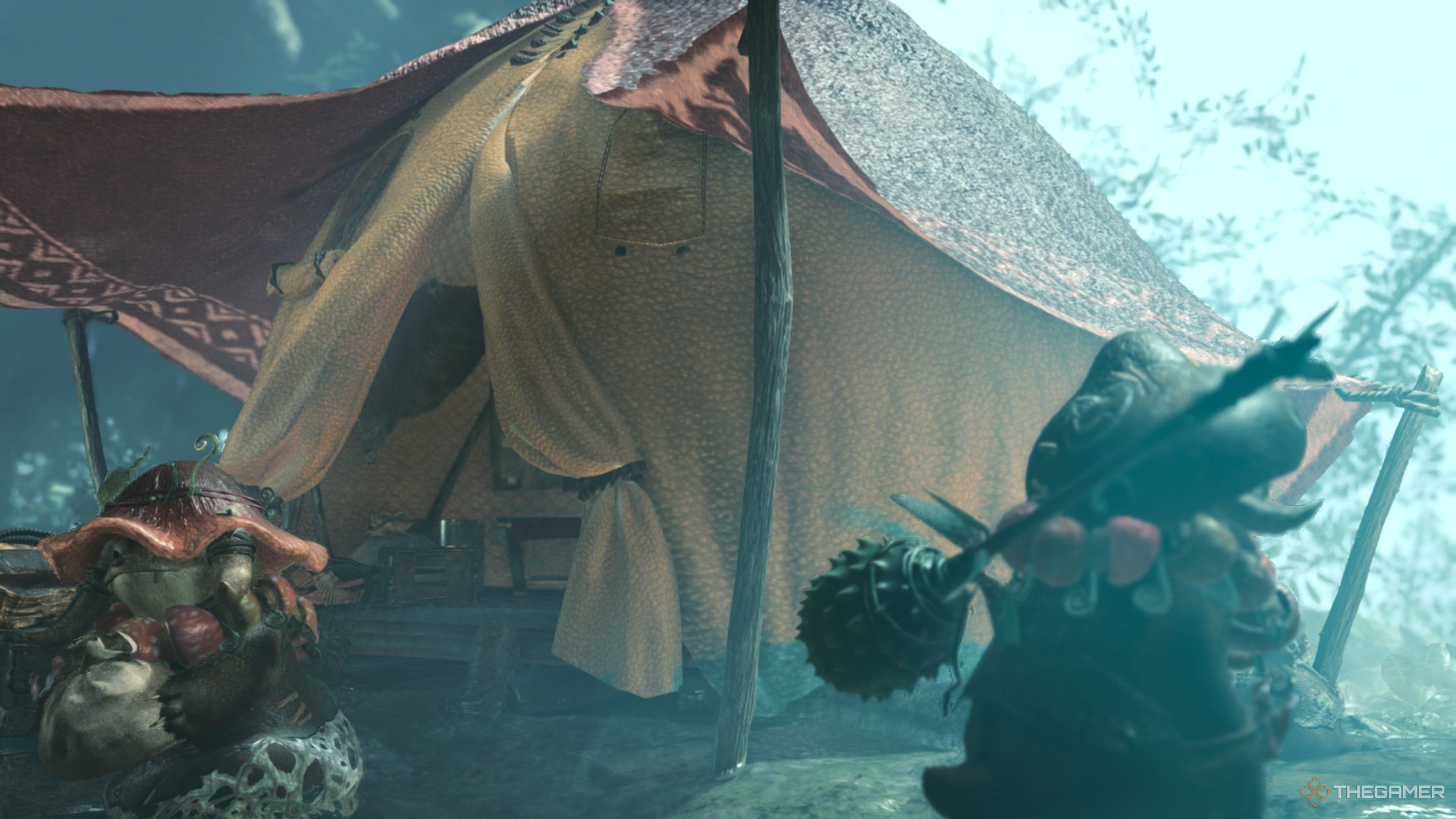 Monster Hunter Wilds wudwuds approaching pop-up camp in scarlet forest.