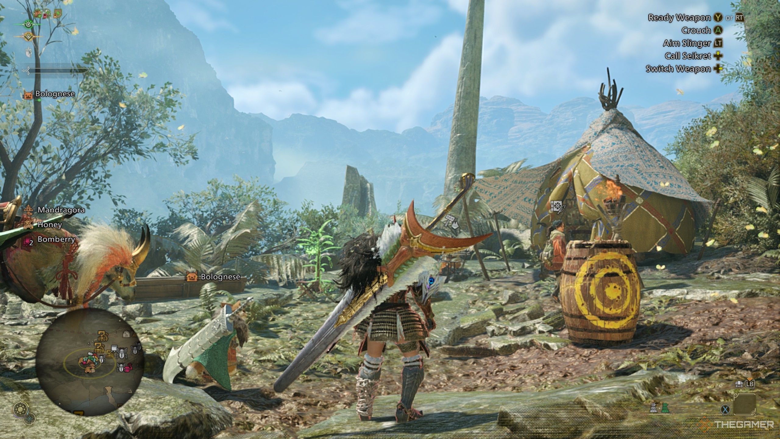 Monster Hunter Wilds pop-up camp hidden waterfall.