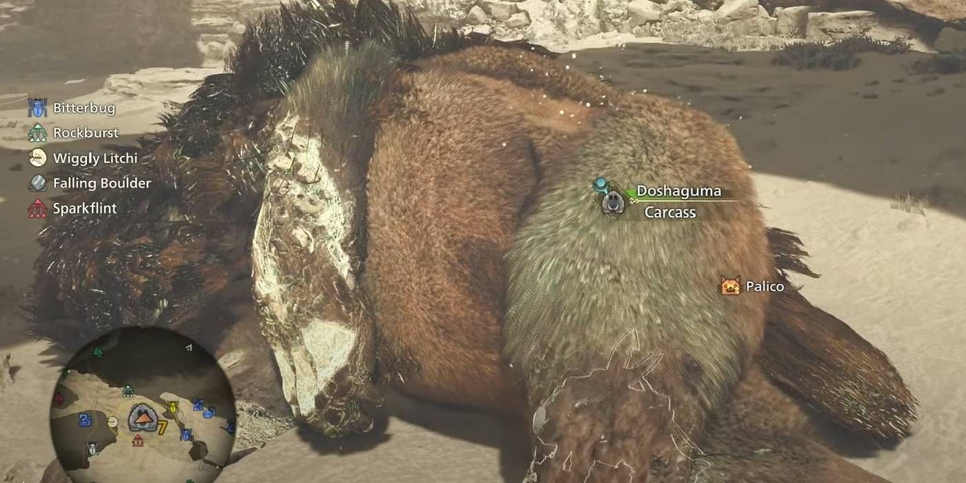 Monster Hunter Wilds carving Alpha Doshaguma monster's body for part rewards